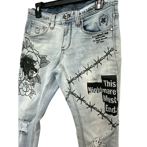 Ninth Hall Rogue Printed Light Aged Skinny Jeans Size 28 - Picture 12 of 16
